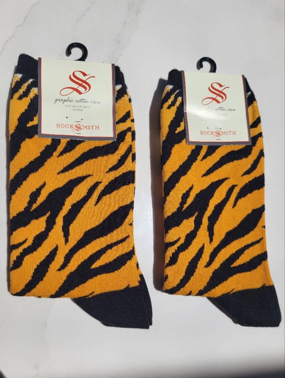 NWT Two Pairs of SockSmith Graphic Cotton Crew Socks Tiger Stripes Orange S 9-11
